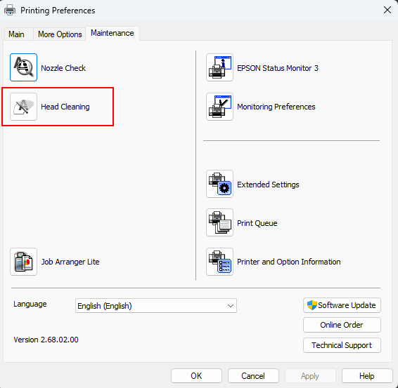 Printer Driver Haad Clean button