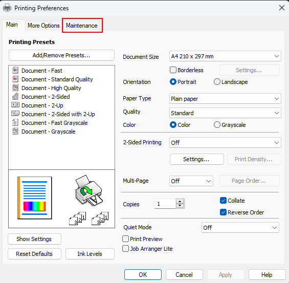 Printer Driver Maintenance tab
