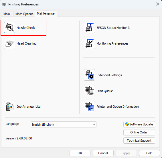 Printer Driver Nozzle Check button