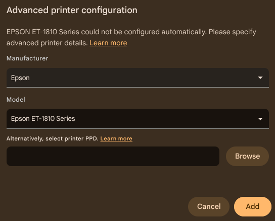 ChromeOS printer driver selection