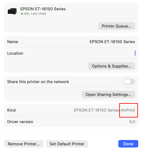 macOS Printers and Scanners screen showing the Kind value for a printer