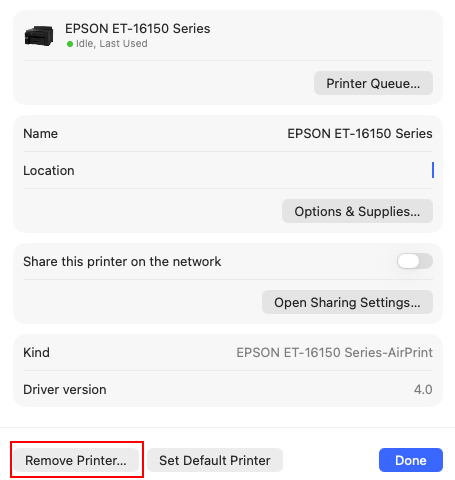 macOS Printers and Scanners screen with Remove Printer button