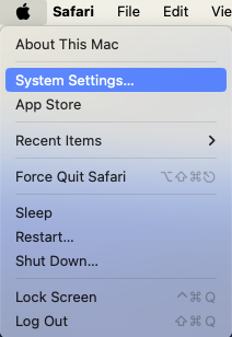 macOS Apple menu with System Settings highlighted