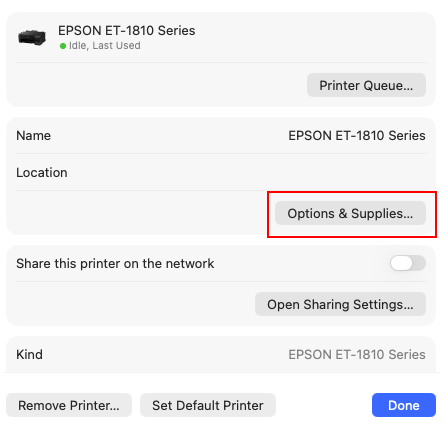 macOS printer Options and Supplies button
