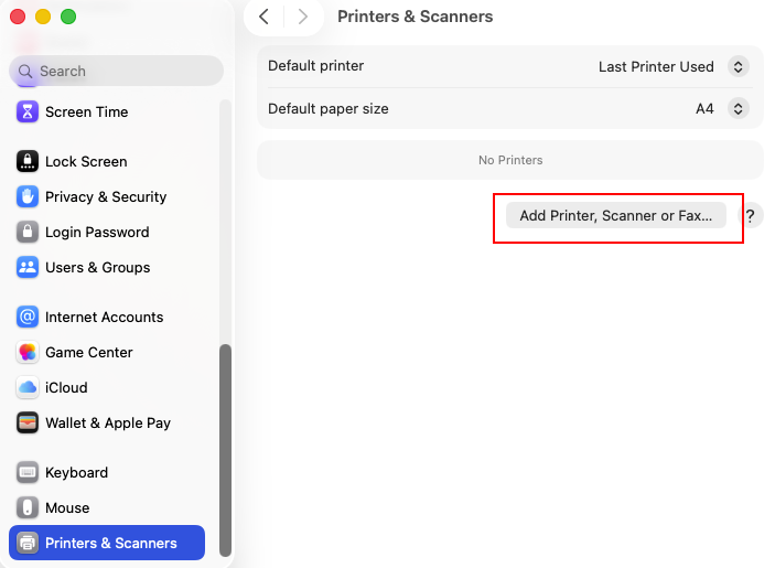 macOS Printers and Scanners screen with Add Printer button