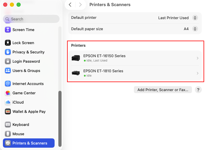 macOS System Settings with Printers and Scanners highlighted