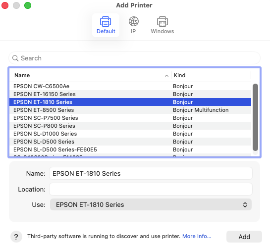 macOS Add Printer window with Epson driver selected