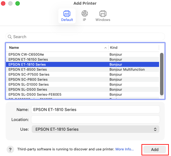 Printer successfully added in macOS