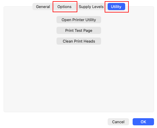 macOS Options and Utililty tabs