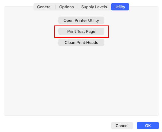 macOS Print Test Page button