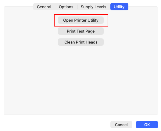 macOS Printer Utility button