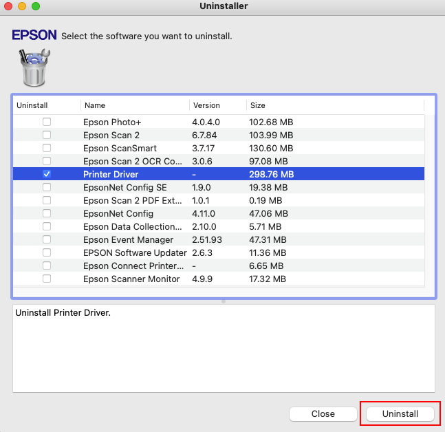 macOS Uninstall Center with items selected for removal