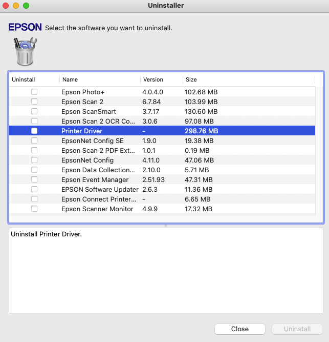 macOS Uninstall Center listing installed Epson software