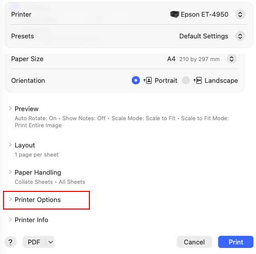 Printer Options in macOS print dialog
