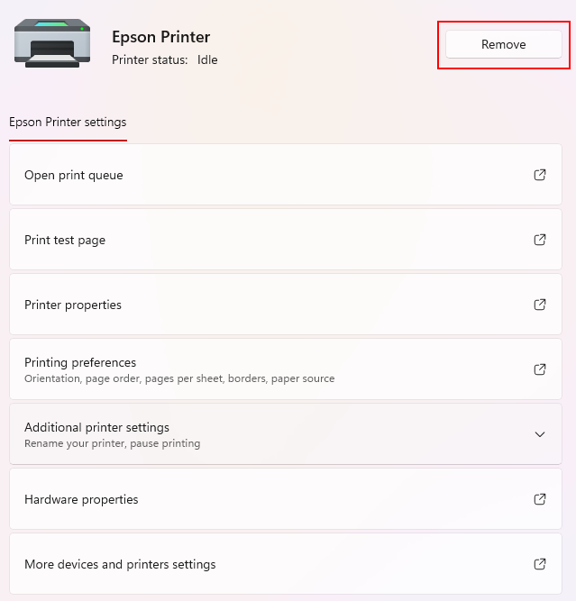 Windows 11 Printers and Scanners screen with Remove button for an installed printer
