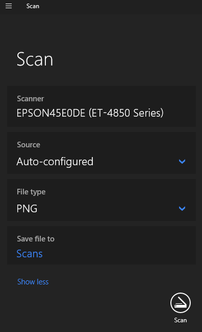 Windows Scan app menu showing Scanner, Source, File type, and Scan button