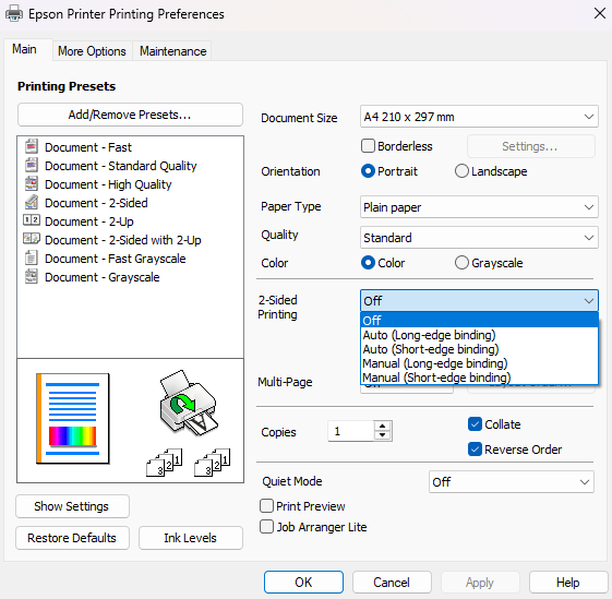 2-Sided Printing drop-down on the Main tab, showing Auto and Manual long-edge and short-edge binding options
