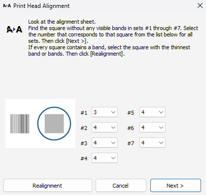 Windows Print Head Alignment: comparing alignment patterns on screen