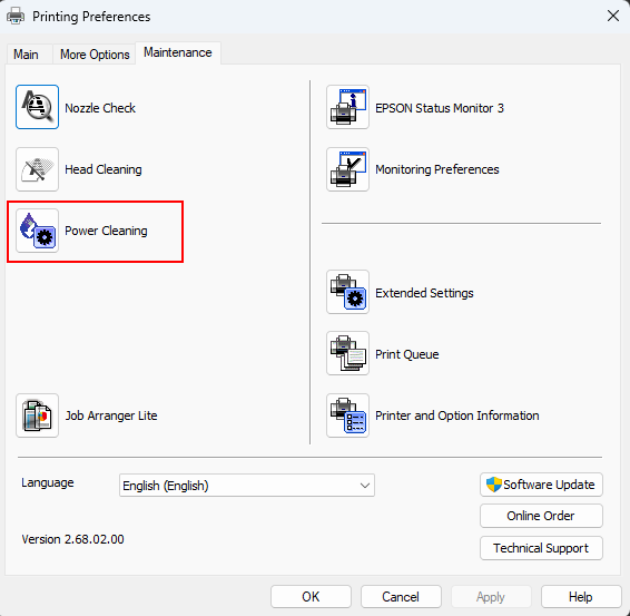 Power Cleaning button (Windows). macOS: see Power Cleaning icon in Step 2 above.