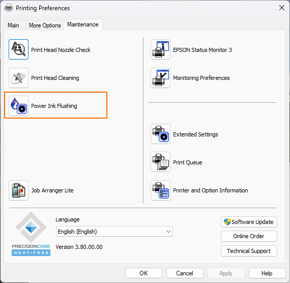 Power Ink Flushing button (Windows). macOS: see Ink Flushing icon in Step 2 above.