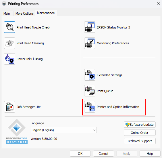 Printer and Option Information button in Maintenance tab