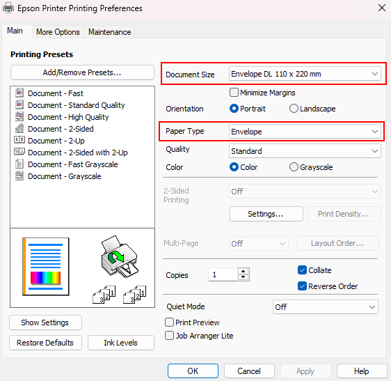 2-Sided Printing drop-down on the Main tab, showing Auto and Manual long-edge and short-edge binding options